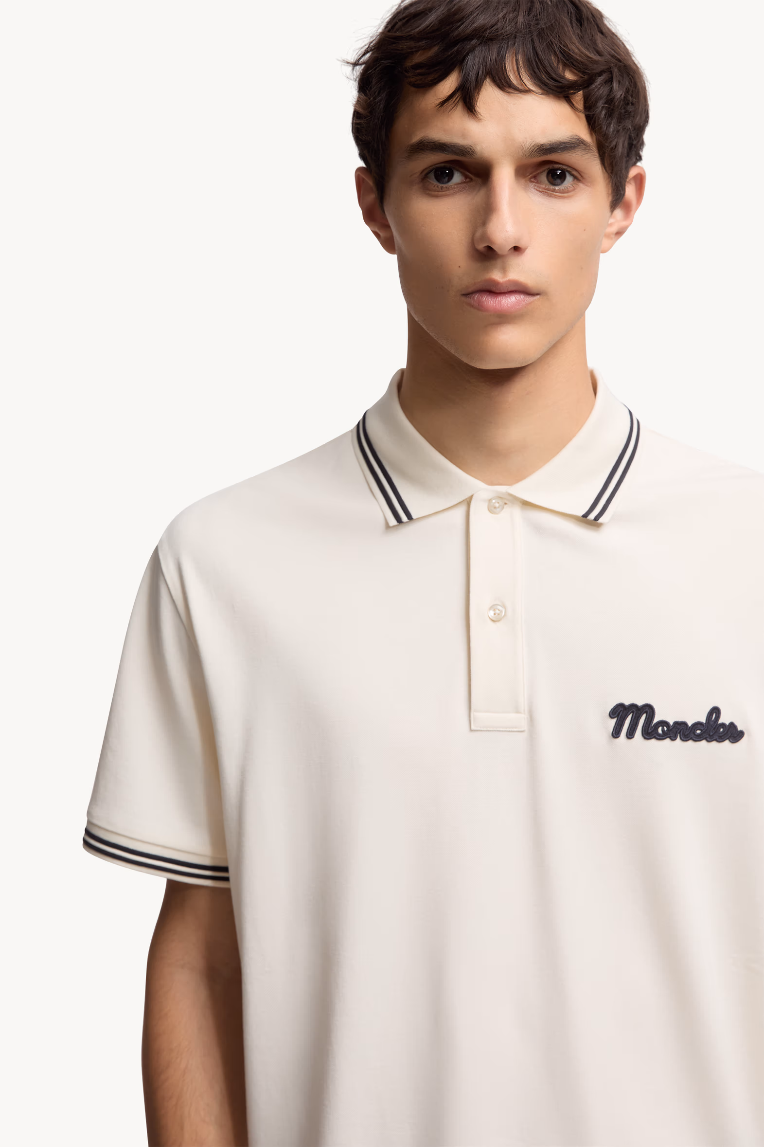 Embroidered Logo Cotton Piquet Polo Shirt Men White Ivory Moncler 6
